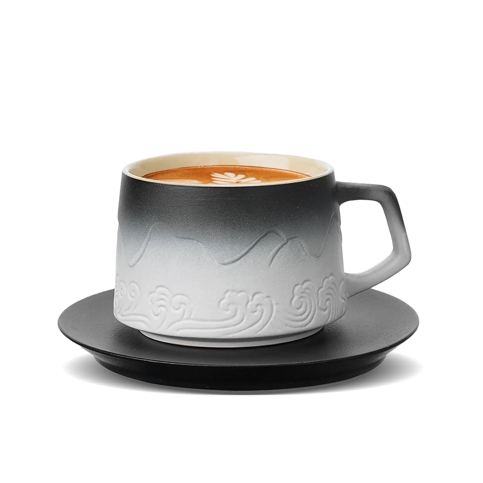 BOILMERIT 8 oz Cappuccino Cup with Saucer Set Artistic Embossment Cafe Mocha Cappuccino Mug for Latte Art Hand- Sprayed Gradient White Latte Cup for Cafe Au Lait Black Tea Coffee Lover Gifts